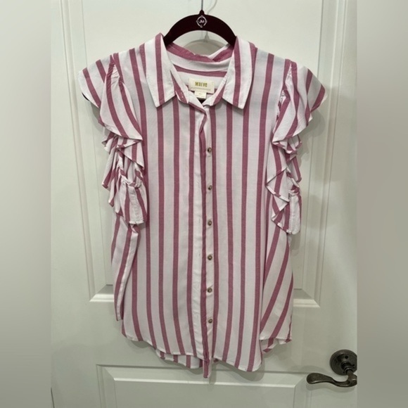 Anthropologie Maeve Fairhope Striped Button Down Flutter Blouse in Pink - Picture 2 of 14